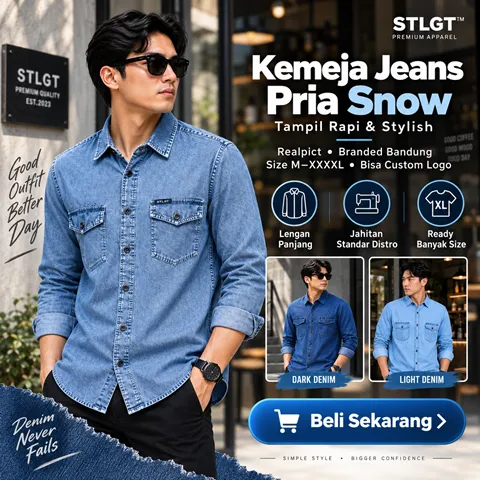 Kemeja Jeans Denim Pria Lengan Panjang Premium