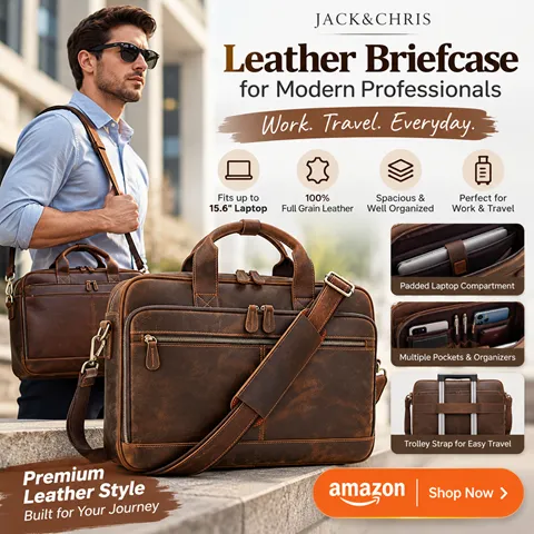 Jack&Chris Full Grain Leather Briefcase for Men, Business Messenger Bag Laptop Bag