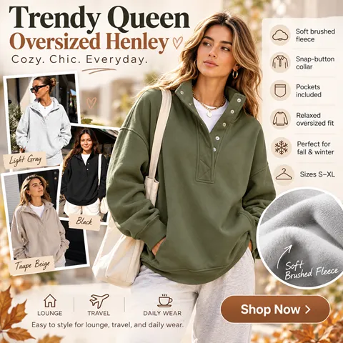 Trendy Queen Womens Oversized Sweatshirts with Snap Button Henley Collar