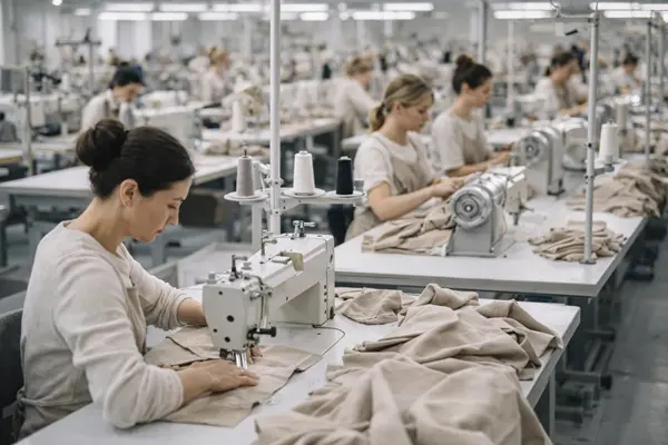 sewing process in garment factory production line