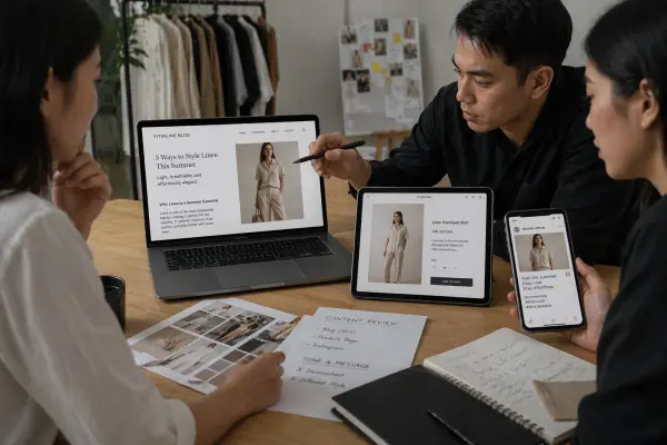 Fashion brand team reviewing inconsistent AI-generated content across marketing channels