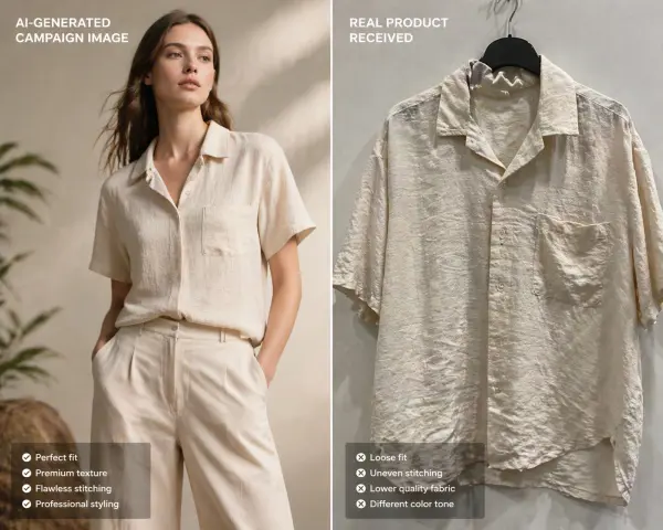 AI-generated fashion visuals vs real product showing mismatch in quality and expectation