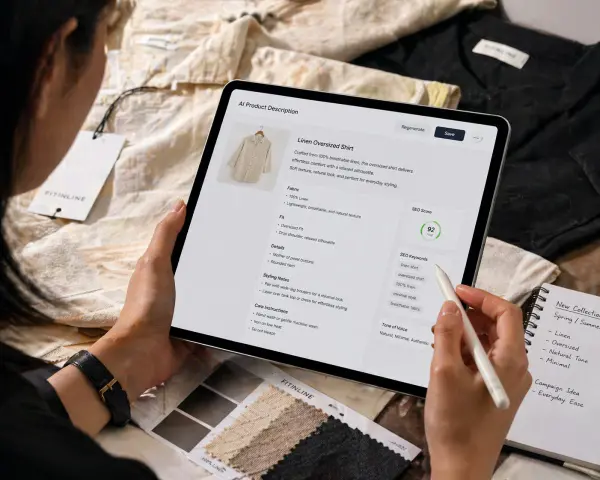 AI-assisted product description creation for fashion garments with fabric and fit details