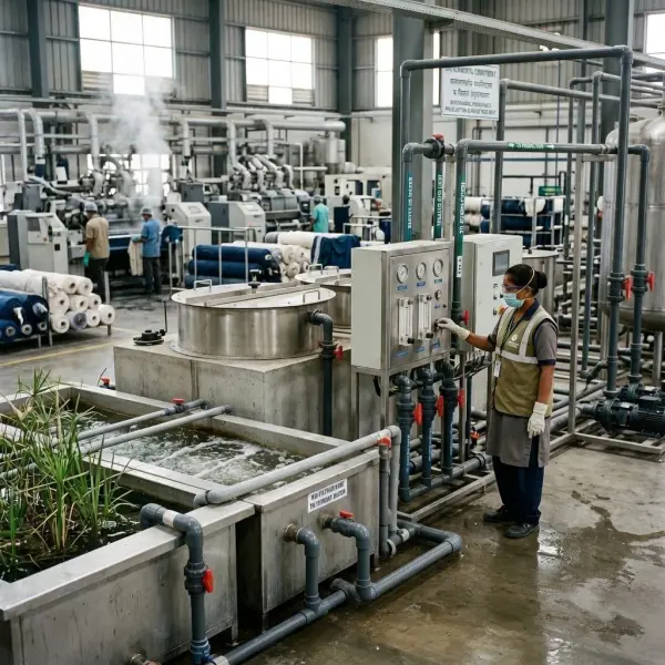 Proses produksi tekstil dengan sistem pengolahan limbah untuk mengurangi dampak lingkungan industri fashion