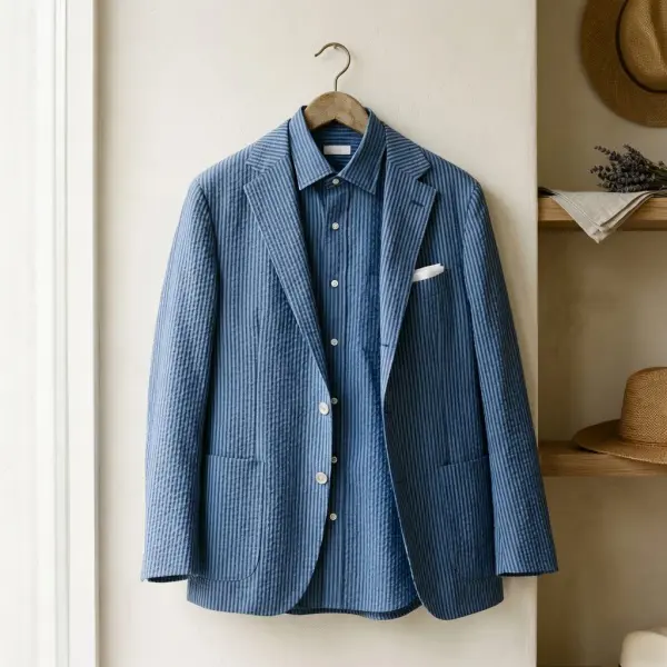 kemeja dan blazer dari kain seersucker dengan tekstur kerut alami untuk pakaian musim panas kemeja dan blazer dari kain seersucker dengan tekstur kerut alami untuk pakaian musim panas