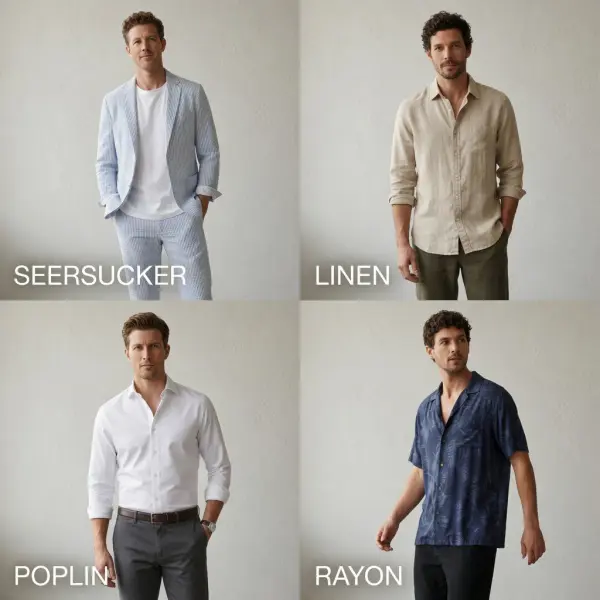 Perbandingan pakaian seersucker, linen, poplin, dan rayon yang menunjukkan perbedaan tekstur bahan musim panas dalam foto fashion studio pencahayaan natural Perbandingan pakaian seersucker, linen, poplin, dan rayon yang menunjukkan perbedaan tekstur bahan musim panas dalam foto fashion studio pencahayaan natural