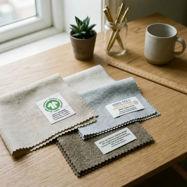 Label sertifikasi tekstil seperti GOTS dan OEKO-TEX pada bahan kain berkelanjutan