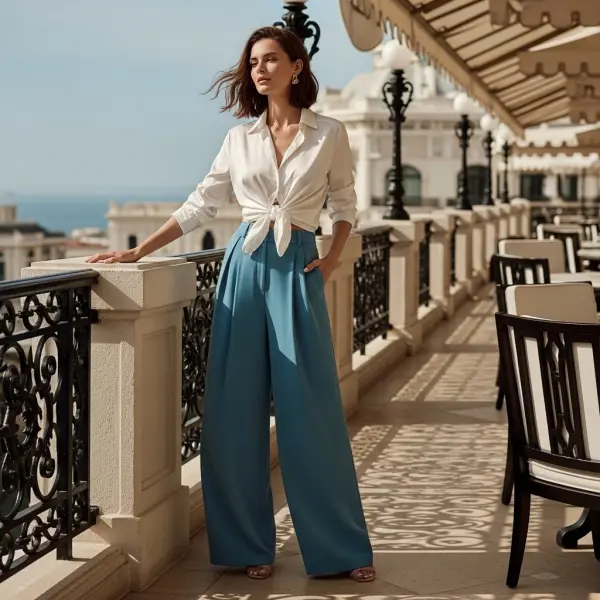 Tampilan resort wear modern dengan kemeja ringan dan celana wide leg untuk gaya liburan mewah