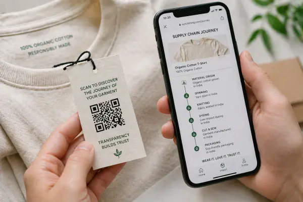 fashion product traceability showing QR code label with supply chain transparency and fabric origin information