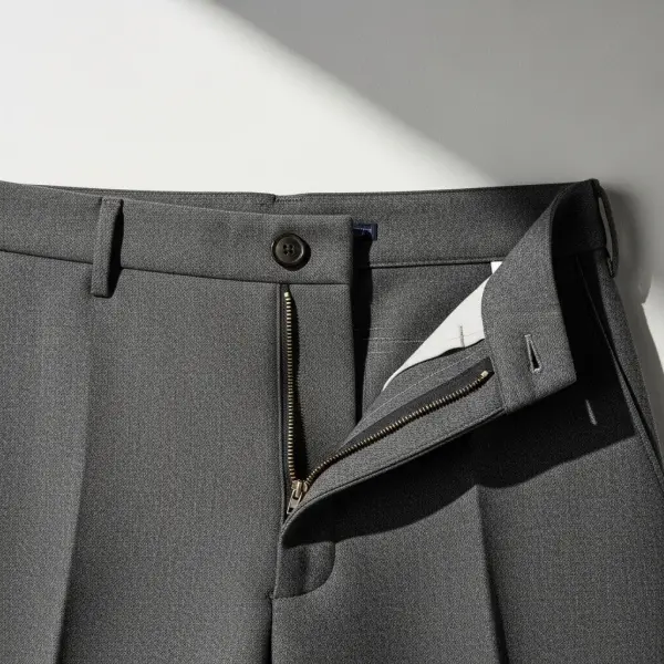 Detail fly front zipper pada celana formal dengan konstruksi tailoring modern Detail fly front zipper pada celana formal dengan konstruksi tailoring modern