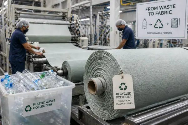recycled polyester fabric production process from plastic waste in sustainable garment manufacturing factory