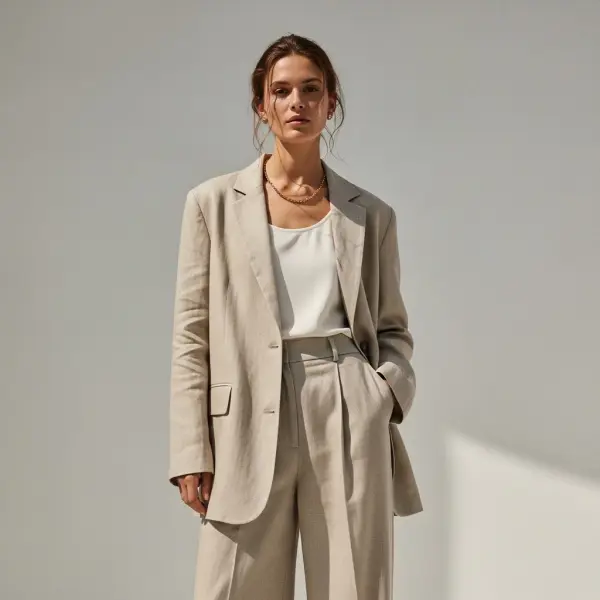 Model mengenakan outfit resort wear 2026 bergaya quiet luxury dengan siluet timeless dan warna netral dalam pencahayaan alami editorial fashion