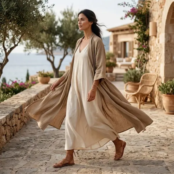 Model berjalan mengenakan resort wear dengan kain ringan yang jatuh lembut, menampilkan fluiditas, kenyamanan, dan quiet luxury dalam suasana resort bercahaya alami