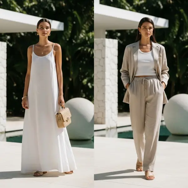 Model mengenakan resort wear dengan gaun linen flowy dan gaya quiet luxury di area resort tropis