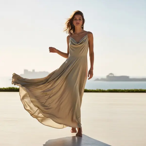 Gaun maxi dengan siluet flowing dan soft draping sebagai ciri khas resort wear elegan