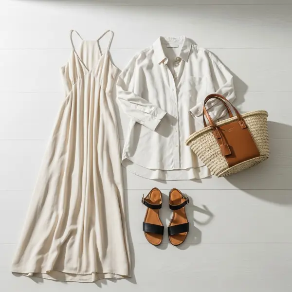Capsule wardrobe resort wear dengan dress flowy kemeja oversized dan aksesori bernuansa luxury santai