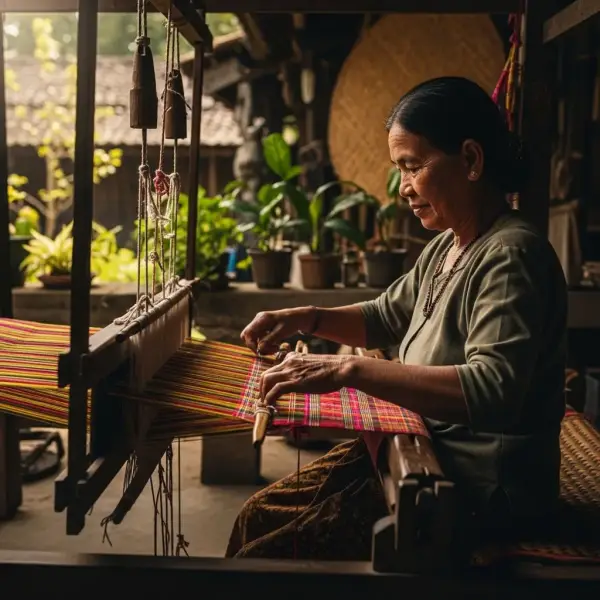 pengrajin lokal menenun kain tradisional sebagai bagian dari kolaborasi dalam cultural couture fashion