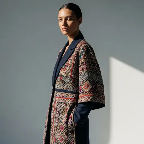 contoh cultural couture fashion dengan siluet modern dan detail tekstil tradisional dalam gaya editorial mewah
