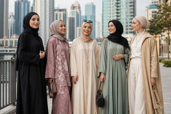 Global modest fashion market showing diverse consumers wearing modern modest outfits across different regions Global modest fashion market showing diverse consumers wearing modern modest outfits across different regions