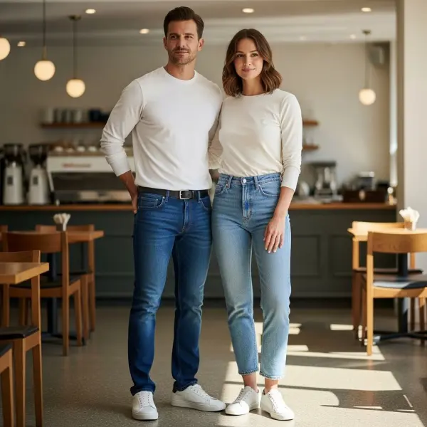 gaya casual yang tetap rapi dengan jeans clean sneakers dan atasan minimalis modern