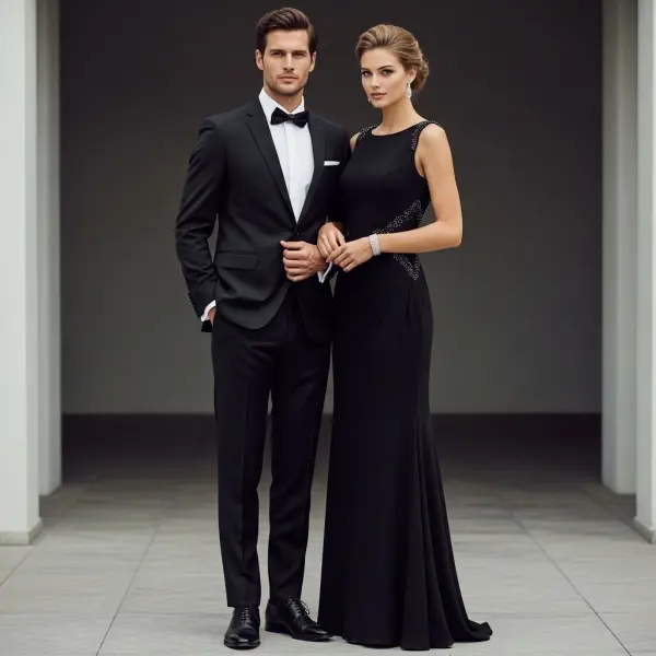 dress code formal malam hari dengan jas hitam elegan dan gaun panjang untuk acara resmi