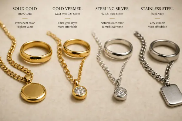 gold silver stainless steel jewelry materials comparison texture detail