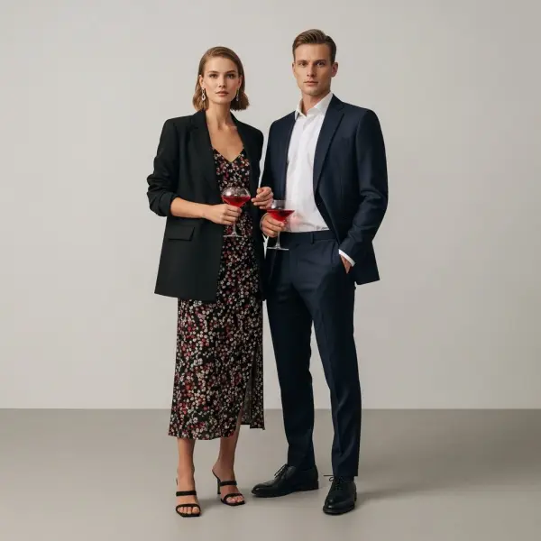 outfit semi formal untuk acara cocktail dengan blazer modern dan cocktail dress elegan