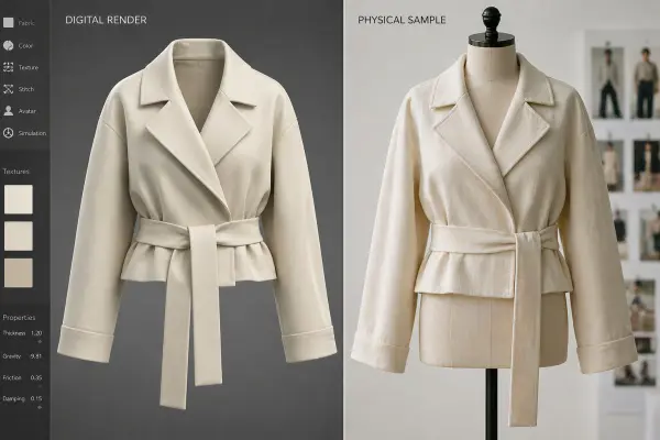 Comparison between digital garment render and physical sample Comparison between digital garment render and physical sample