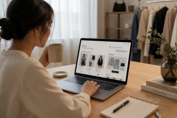 fashion consumer using laptop with AI-driven outfit recommendations and online shopping interface