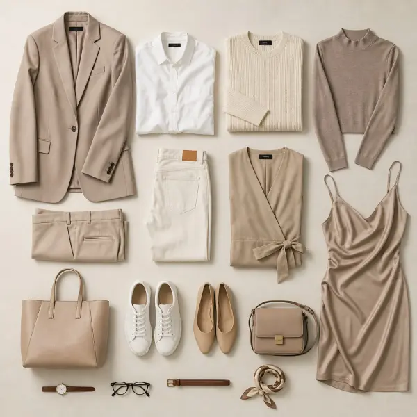 capsule wardrobe collection with neutral versatile fashion pieces for mix and match outfits