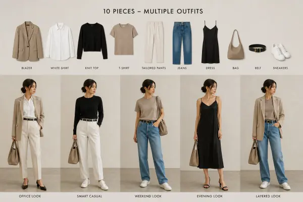 same clothing pieces styled into multiple outfits demonstrating modular wardrobe system