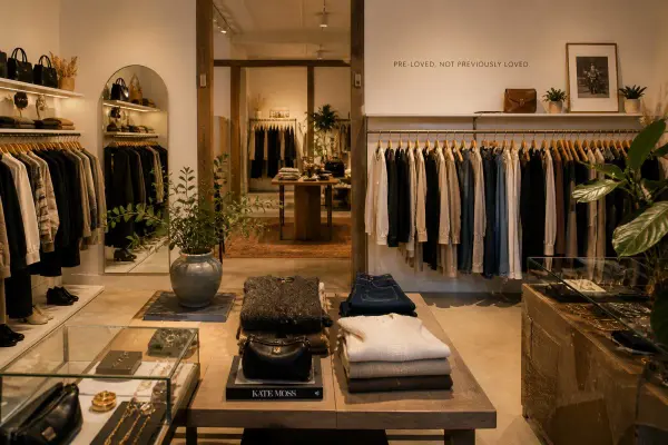 premium resale fashion store displaying curated second-hand clothing collection