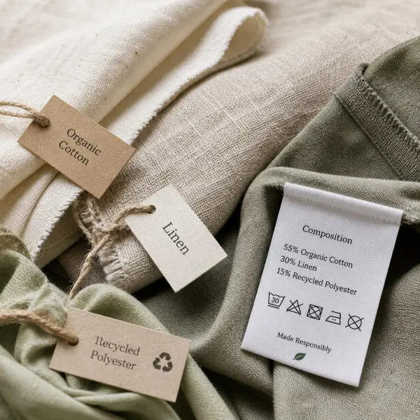 close-up of sustainable fabric materials and garment labels showing composition details