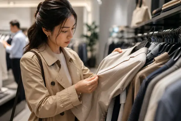 fashion consumer evaluating fabric quality and garment construction before purchase