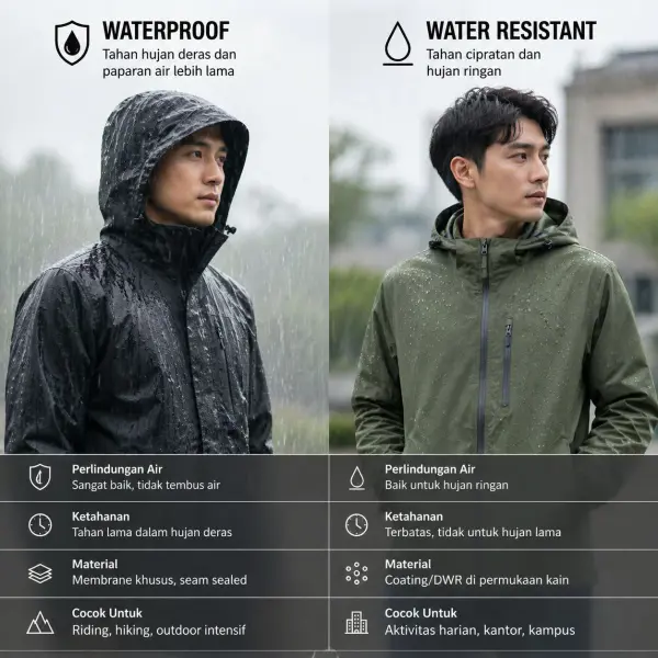 perbedaan bahan jaket waterproof dan water resistant dilihat dari daya tahan air
