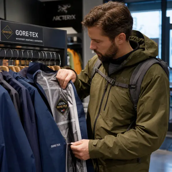 orang memilih jaket gore-tex waterproof breathable di toko outdoor dengan mengecek jahitan seam-sealed dan bahan anti air