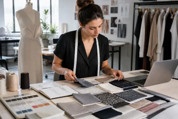 fashion designer selecting fabric materials in garment development studio