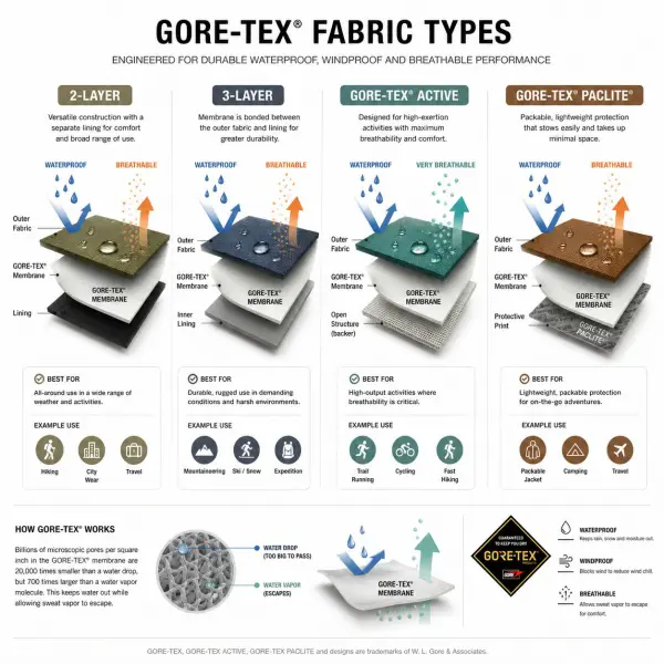 Ilustrasi perbandingan jenis kain Gore-Tex 2-layer, 3-layer, Active, dan Paclite dengan struktur lapisan dan fungsi waterproof breathable
