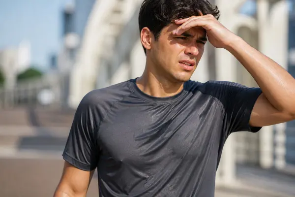person feeling warm and uncomfortable wearing polyester clothing in hot weather
