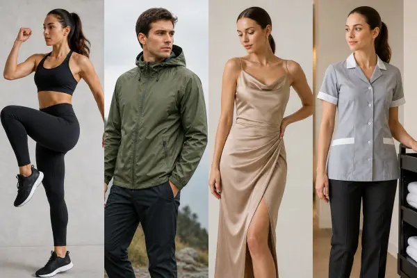 different fashion products made from polyester including activewear outerwear and dresses