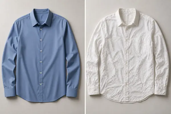 wrinkle resistant polyester fabric compared to wrinkled cotton fabric