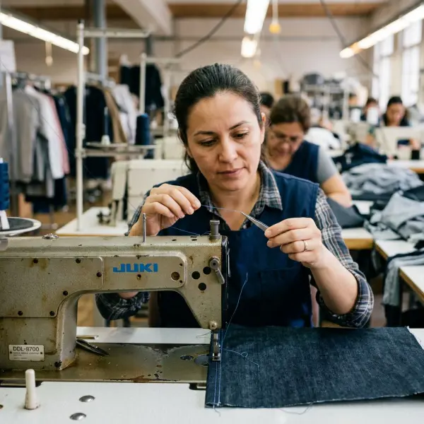 Benang jahit putus pada mesin jahit industri saat proses produksi garment Benang jahit putus pada mesin jahit industri saat proses produksi garment