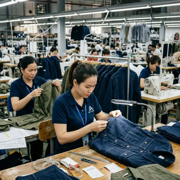 Tim quality control memeriksa kualitas jahitan pakaian di pabrik garment Tim quality control memeriksa kualitas jahitan pakaian di pabrik garment
