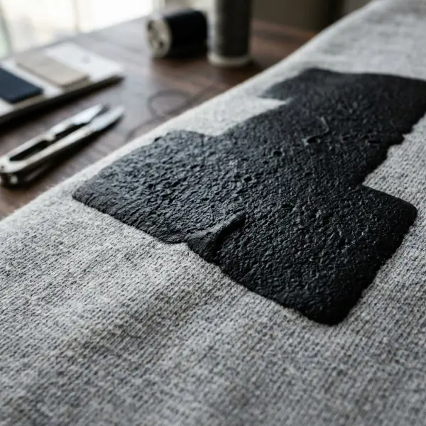 Detail close-up printing tebal pada kain pakaian dengan tekstur kurang breathable