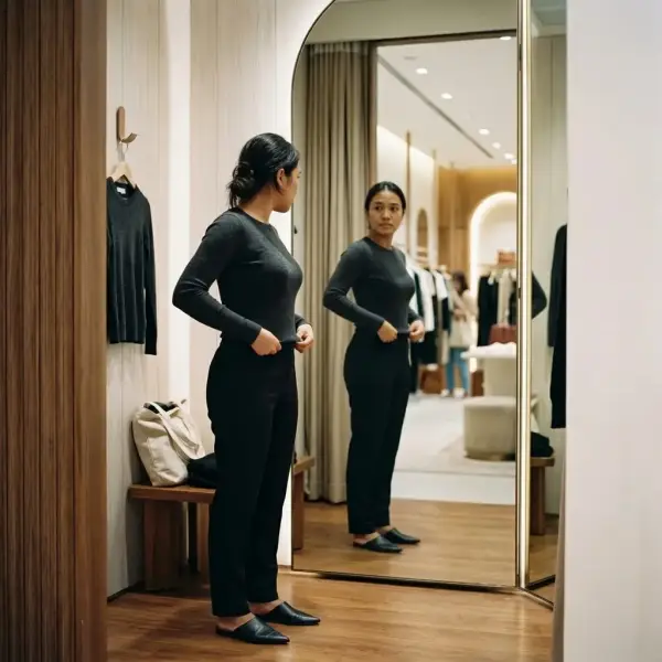 Konsumen mencoba baju fit body di ruang fitting dengan ekspresi ragu Konsumen mencoba baju fit body di ruang fitting dengan ekspresi ragu