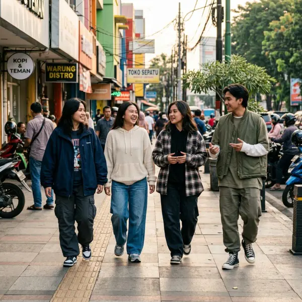 Anak muda memakai outfit oversized di area urban Indonesia Anak muda memakai outfit oversized di area urban Indonesia