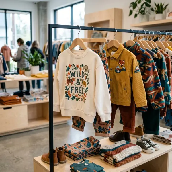 Pakaian anak dengan detail printing dan bahan dekoratif berwarna cerah Pakaian anak dengan detail printing dan bahan dekoratif berwarna cerah