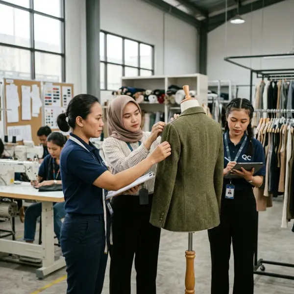 Tim quality control memeriksa fitting pakaian pada mannequin Tim quality control memeriksa fitting pakaian pada mannequin