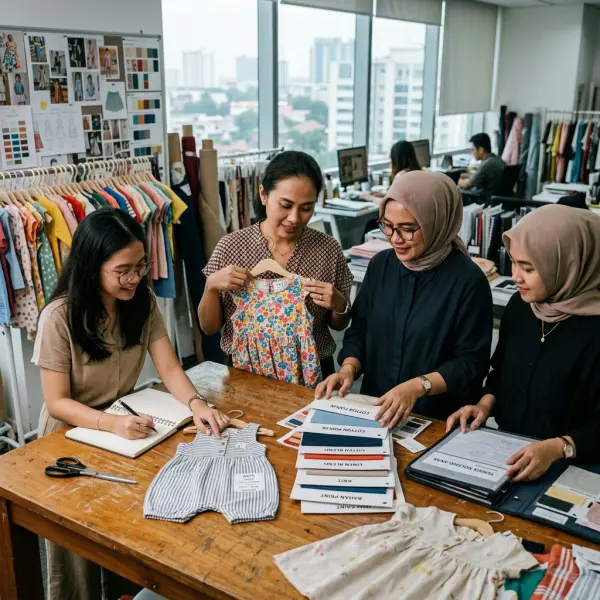 Tim fashion mengevaluasi sampel produk pakaian anak dan material kain Tim fashion mengevaluasi sampel produk pakaian anak dan material kain