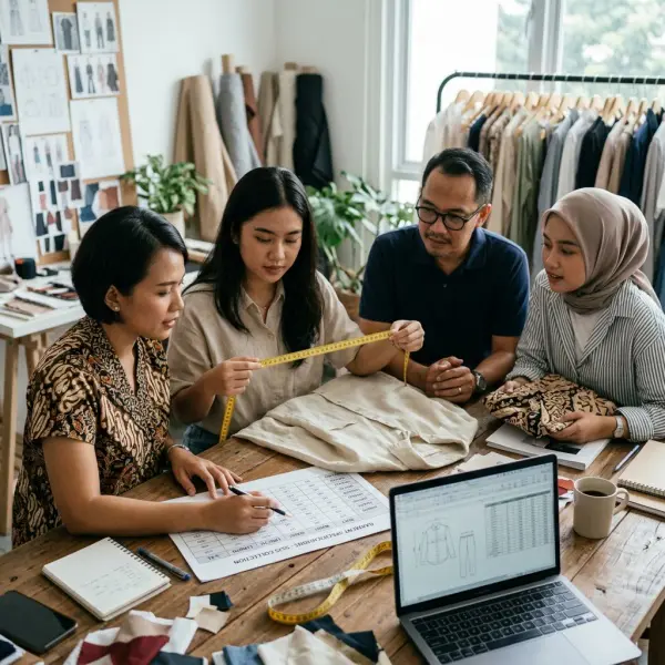 Tim fashion sedang mengecek size chart dan sampel pakaian Tim fashion sedang mengecek size chart dan sampel pakaian
